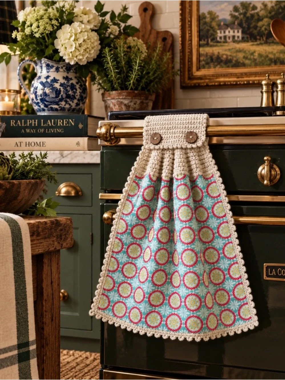 Pioneer Woman Aqua Medallion Crochet Hanging Kitchen Towel